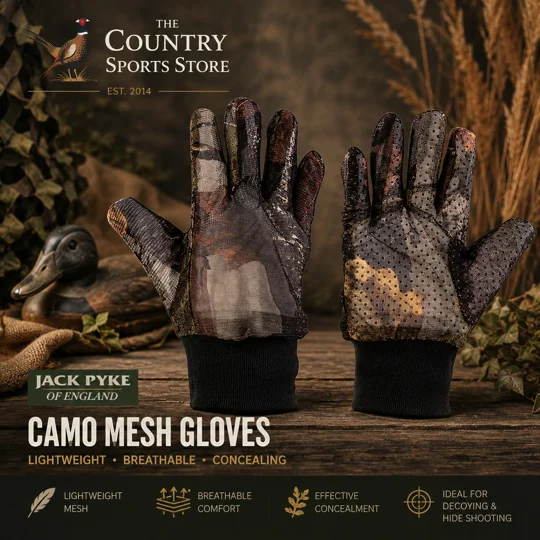 Jack Pyke Camo Mesh Gloves for pigeon decoying and hide shooting
