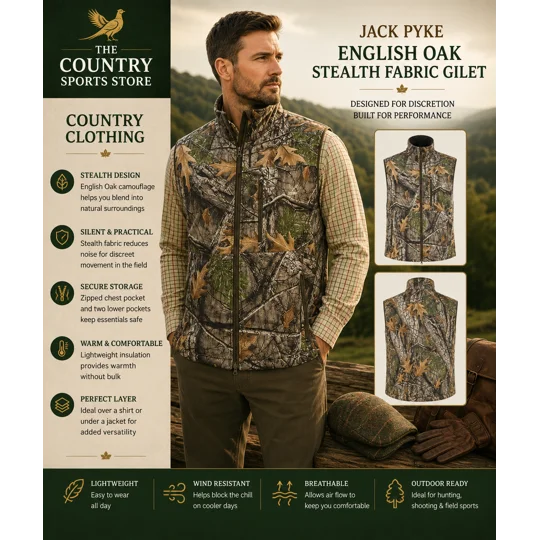 Jack Pyke English Oak Stealth Fabric camouflage gilet for shooting and country pursuits