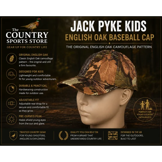 Jack Pyke Kids English Oak Baseball Cap in the original English Oak camouflage pattern