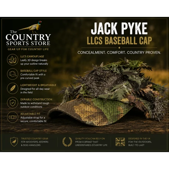 Jack Pyke LLCS camouflage baseball cap featuring 3D leafy concealment for shooting, stalking and wildlife photography