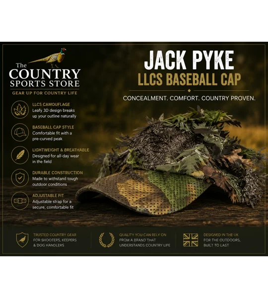 Jack Pyke LLCS camouflage baseball cap featuring 3D leafy concealment with veil for shooting, stalking and wildlife photography