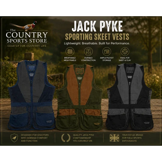 Jack Pyke Sporting Skeet Shooting Vests in Navy, Green and Grey with breathable mesh panels and cartridge pockets