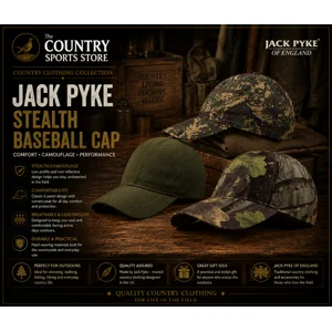Jack Pyke Stealth Baseball Caps in Digital EVO camouflage, Olive Green and English Oak Evolution displayed on The Country Sports Store Country Clothing template
