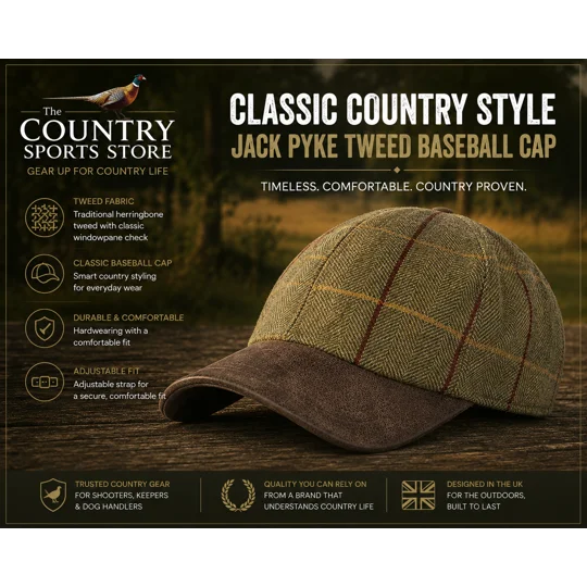 Jack Pyke Tweed Baseball Cap with leather-effect peak for shooting, country wear and outdoor pursuits