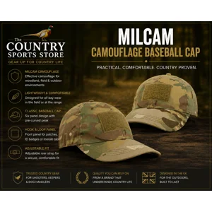Milcam camouflage baseball cap for shooting, hunting and country sports