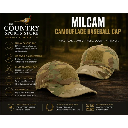 Milcam camouflage baseball cap for shooting, hunting and country sports