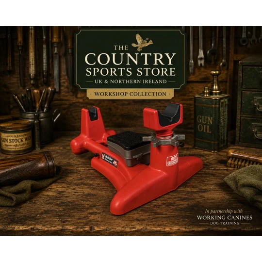 MTM gun cleaning maintenance rest in The Country Sports Store Workshop Collection, shown on a traditional gunsmith's workbench with gun stock, gun oil and workshop tools.