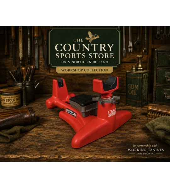 MTM gun cleaning maintenance rest in The Country Sports Store Workshop Collection, shown on a traditional gunsmith's workbench with gun stock, gun oil and workshop tools.