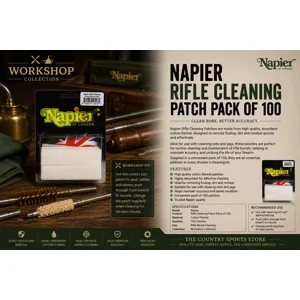 Napier Rifle Cleaning Patch Pack of 100 premium cotton flannel patches for rifle bore cleaning and firearm maintenance.