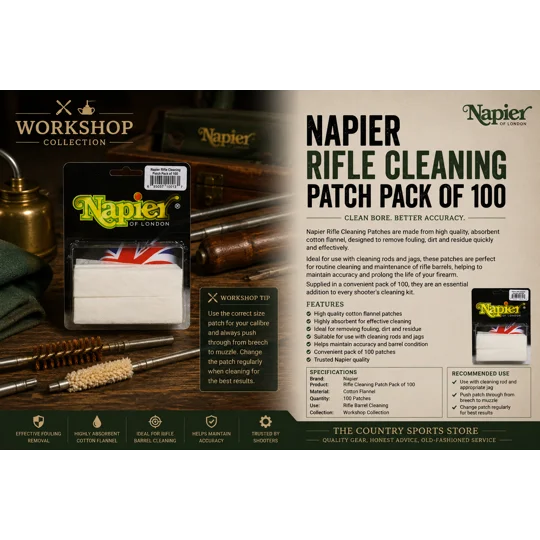Napier Rifle Cleaning Patch Pack of 100 premium cotton flannel patches for rifle bore cleaning and firearm maintenance.