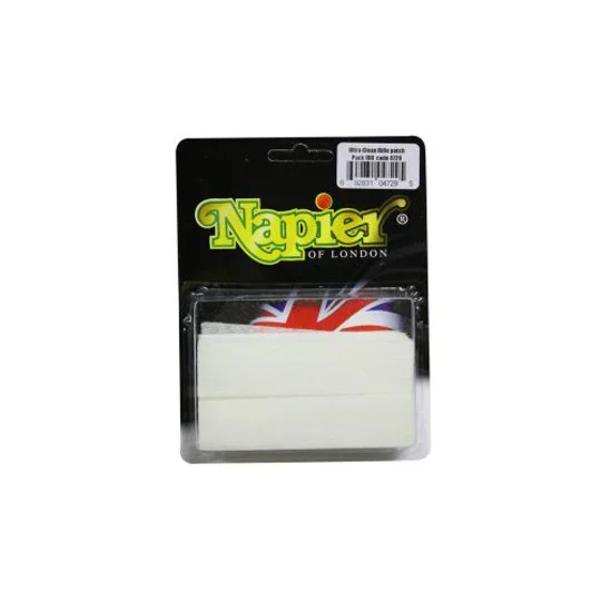 Napier Rifle Cleaning Patch Pack of 100 premium cotton flannel patches for rifle bore cleaning and firearm maintenance.
