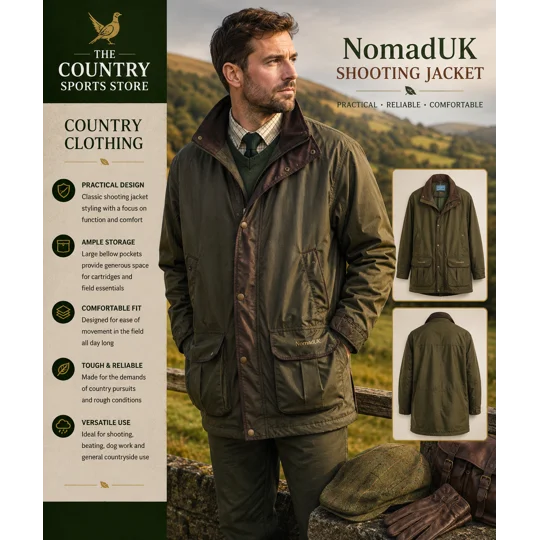 NomadUK men's olive green shooting jacket for country pursuits, beating and field sports