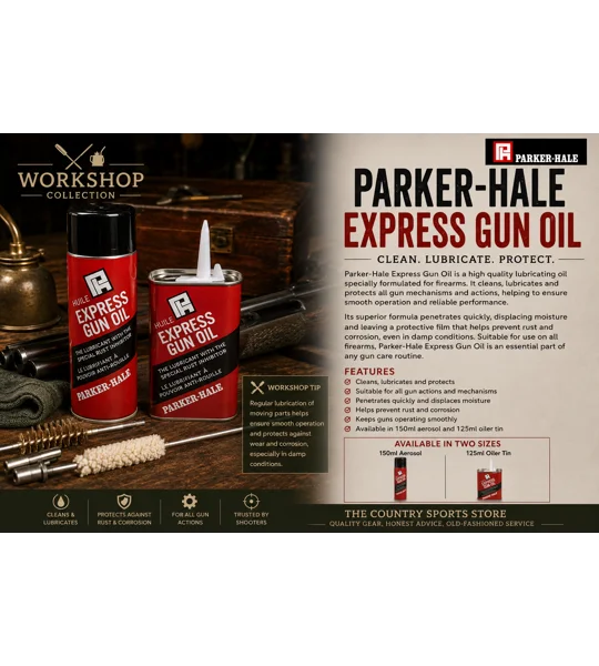 Parker-Hale Express Gun Oil in 150ml aerosol and 125ml precision oiler tin for firearm lubrication and corrosion protection.
