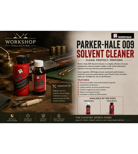 Parker-Hale 009 Solvent Cleaner in 100ml and 250ml bottles for cleaning rifle and shotgun bores.