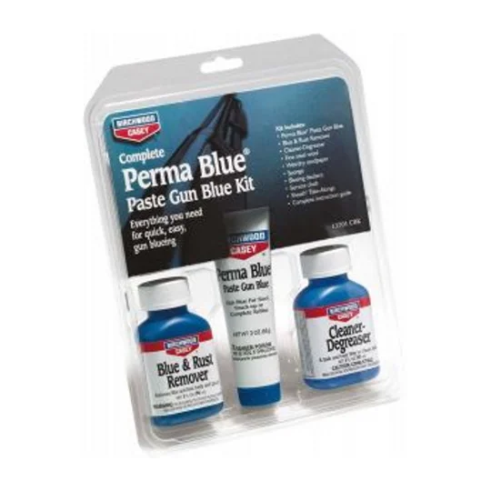 Birchwood Casey Perma Blue Paste Gun Blue Kit containing Perma Blue paste, Cleaner-Degreaser and Blue & Rust Remover for firearm refinishing.