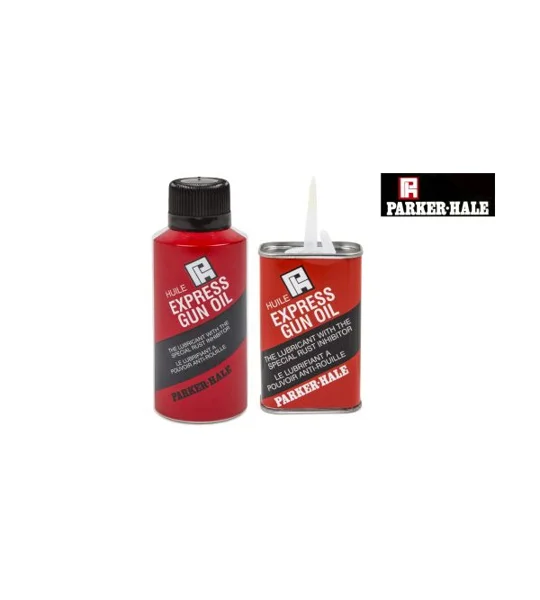 Parker-Hale Express Gun Oil in 150ml aerosol and 125ml precision oiler tin for firearm lubrication and corrosion protection.
