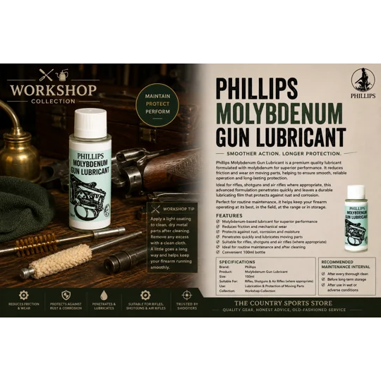 Phillips Molybdenum Gun Lubricant 100ml for lubricating and protecting shotgun, rifle and air rifle mechanisms.