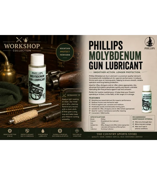 Phillips Molybdenum Gun Lubricant 100ml for lubricating and protecting shotgun, rifle and air rifle mechanisms.