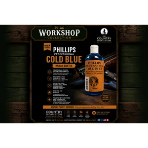 Phillips Professional Cold Blue 250ml displayed in The Country Sports Store Workshop Collection advert. Traditional cold bluing solution designed to restore worn bluing, touch up scratches and protect steel firearm barrels, actions and metal components.