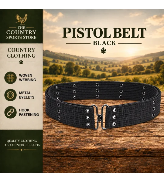Black webbing pistol belt with three rows of metal eyelets and hook fastening, displayed in The Country Sports Store clothing template.