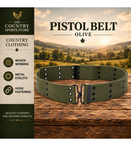 Olive webbing pistol belt with three rows of metal eyelets and hook fastening, displayed in The Country Sports Store clothing template.