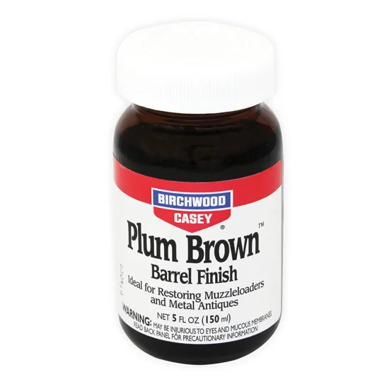 Birchwood Casey Plum Brown Barrel Finish workshop collection advert featuring traditional firearm browning solution for restoring antique firearms, muzzle-loading rifles and steel gun barrels.