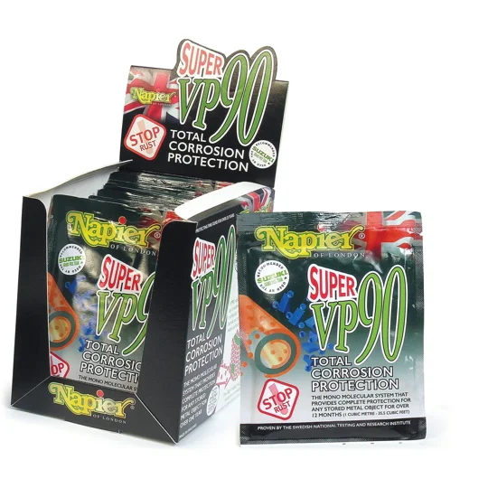 Napier Super VP90 corrosion inhibitor sachets for protecting shotguns, rifles and airguns from rust during storage in gun cabinets and safes.
