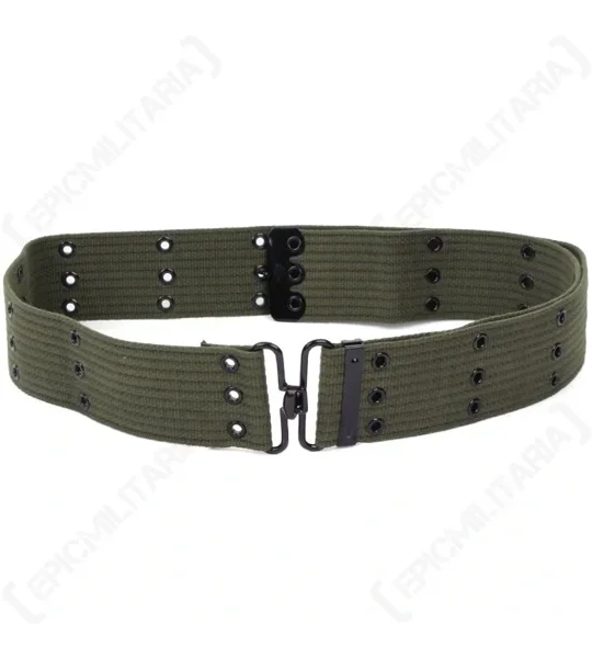 Olive webbing pistol belt with three rows of metal eyelets and hook fastening, displayed in The Country Sports Store clothing template.