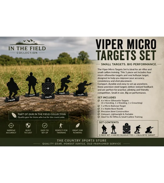 Viper Tactical 5-piece micro target set with four silhouette targets and one bullseye target for air rifle practice.