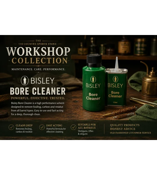 Bisley Bore Cleaner displayed in a traditional gunsmith's workshop with cleaning rods, bronze brushes and cleaning patches as part of The Workshop Collection.