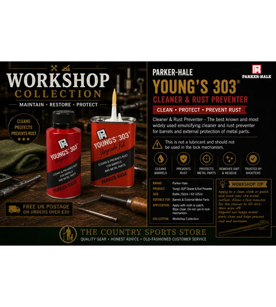 Parker-Hale Young's 303 Cleaner & Rust Preventer displayed in The Country Sports Store Workshop Collection advert. Classic firearm cleaner designed to remove fouling from barrels and protect external metal parts against rust and corrosion.