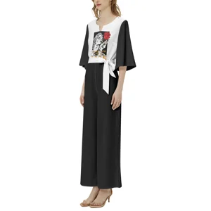 Fluffy Elegant Sleeve Flair Leg Jumpsuit Petite with Belt by BagAbby