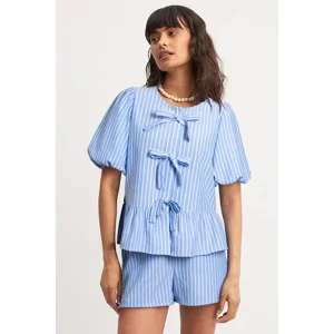 Sky Blue Striped Bowknot Bag Abby Style Puffy Sleeve Top and Shorts 2Pcs Set