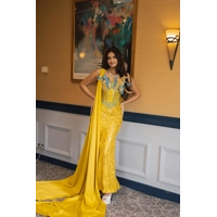Yellow Hans-Stoned Custom Evening Luxury  Gown with Shoulder Capes