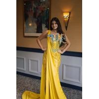 Yellow Hans-Stoned Custom Evening Luxury  Gown with Shoulder Capes