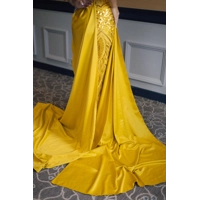 Yellow Hans-Stoned Custom Evening Luxury  Gown with Shoulder Capes