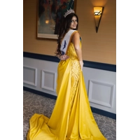 Yellow Hans-Stoned Custom Evening Luxury  Gown with Shoulder Capes