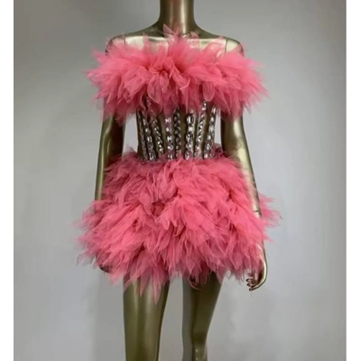 Sexy sheer pink feather mini dress