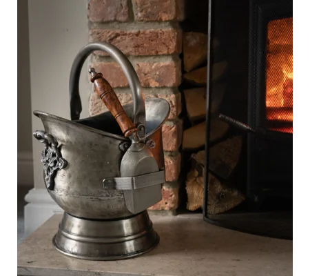 Antique Pewter Coal Bucket with Shovel