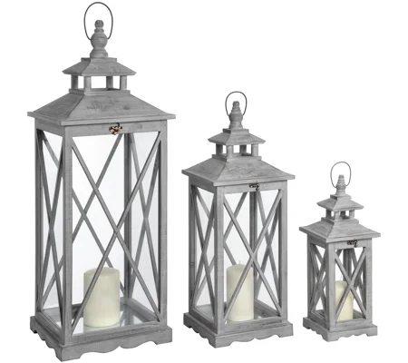 Set of Three Grey Wooden Lanterns – Rustic Home Déco