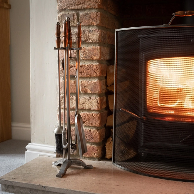 Additional Image for Hand Turned Fire Companion Set In Antique Pewter With Wooden Handles