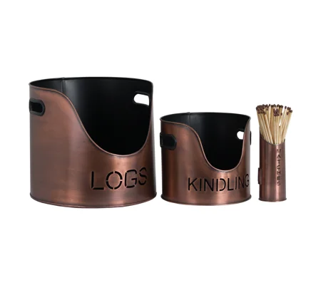 Copper Finish Logs And Kindling Buckets & Matchstick Holder