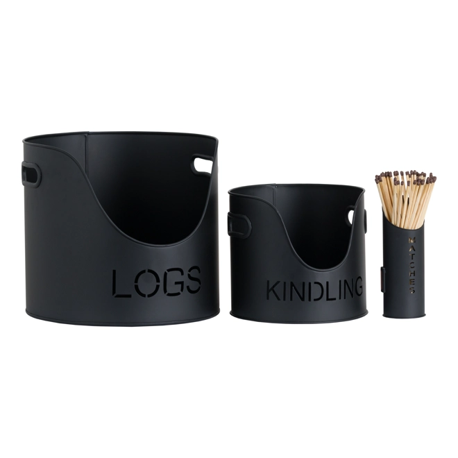 product Image for Black Finish Logs And Kindling Buckets & Matchstick Holder