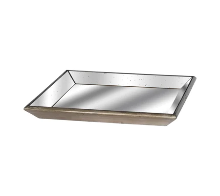 Astor Distressed Mirrored Square Tray W/Wooden Detailing Lge