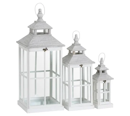 Set Of 3 White Window Style Lanterns With Open Top