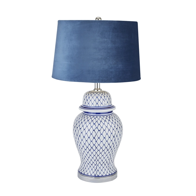 Additional Image for Malabar Blue And White Ceramic Lamp With Blue Velvet Shade