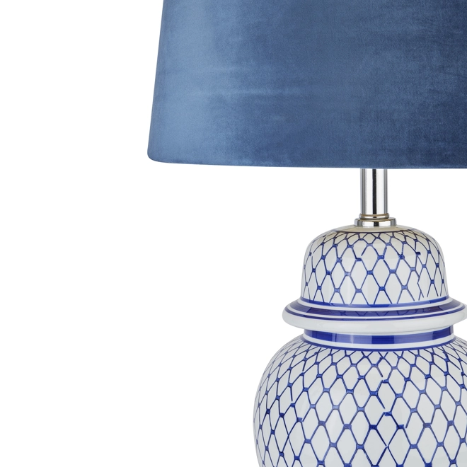 Additional Image for Malabar Blue And White Ceramic Lamp With Blue Velvet Shade
