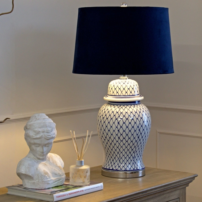 product Image for Malabar Blue And White Ceramic Lamp With Blue Velvet Shade