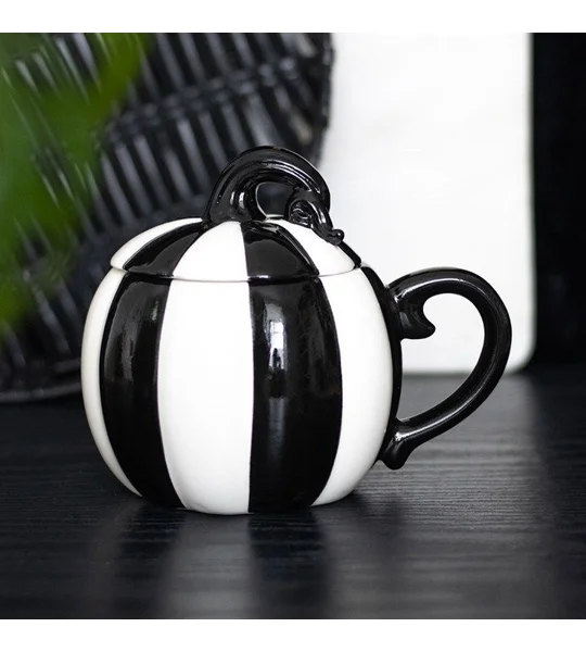 Black and White Striped Pumpkin Lidded Mug