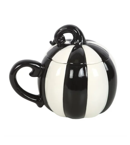 Black and White Striped Pumpkin Lidded Mug